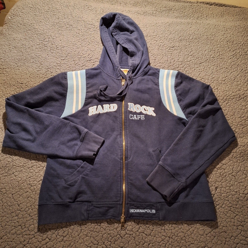 Y2K Hard Rock Cafe Navy Blue Full Zip Hoodie Sweatshirt Sz XL